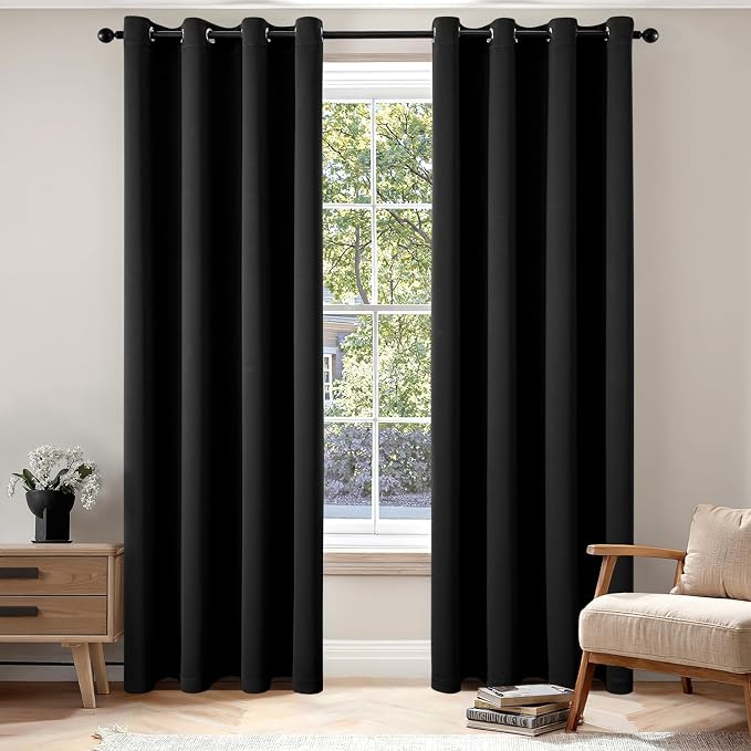 MIULEE Black Blackout Bedroom Curtains Drapes 84 Inch Long 52"x84" | Grommet Top, Room Darkening Window Drapes, Privacy Protection, Thermal Insulated, Heat Blocking, Light Blocking