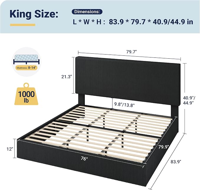Allewie King Bed Frame, Adjustable Corduroy Headboard, Platform, Black | Adjustable Headboard, Corduroy Fabric, Low Profile, Wooden Slats, 1000 lb Capacity, No Box Spring Needed