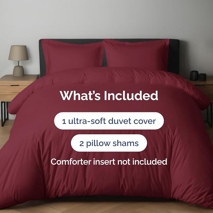 Duvet Cover King Size - Soft 3 Piece with Zipper Closure - Burgundy | Extra Soft, Breathable, King Duvet Cover 104" x 90" with 2 Pillow Shams, Zipper Closures & Ties, Women, Men, Kids & Teens