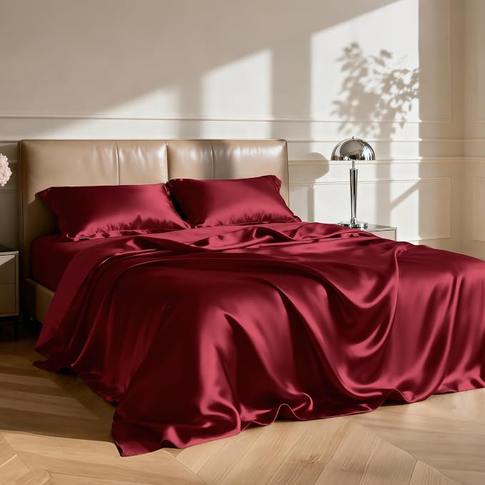 Love's cabin Full Size Satin Sheet Sets - 4 Piece Burgundy Silky Satin Sheet Set Full with Deep Pocket, Luxury Silk Feel Satin Bed Sheets Full Bedding Set (1 Flat Sheet,1 Fitted Sheet,2 Pillow Cases)