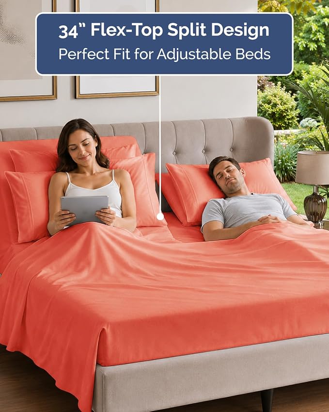 Flex Top Split Head King 6 Piece Sheet Set - Breathable & Cooling - Coral | Ultra Soft Hotel Luxury Bedding Set w/ 8-16 Inch Deep Pockets, 1 Flat & 1 Split-Head Fitted Sheet & 4 Pillowcases, Fade Free