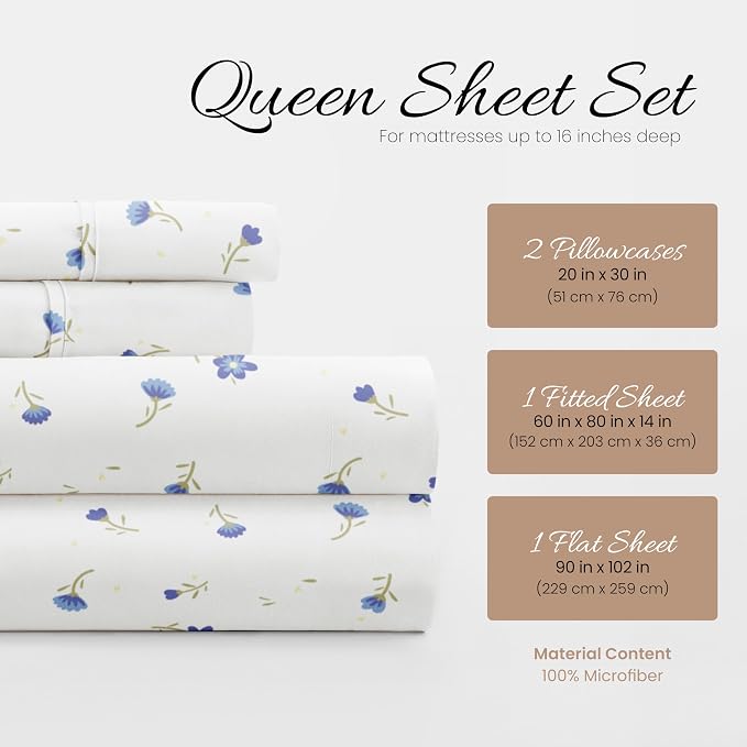 Linen Market Double-Brushed Patterned Microfiber Queen Sheet Set 4 Piece – Oeko-TEX Certified Ultra Soft & Wrinkle-Free - 16" Deep Pocket Sheets - Easy Care Queen Size - Soft Floral Light Blue