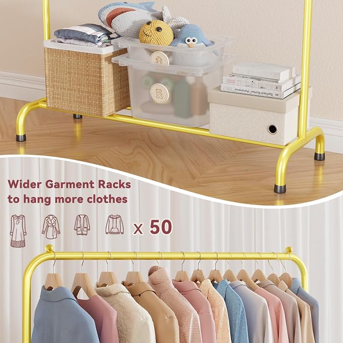 Clothing Clothes Rack with Storage Shelf, 45" L Standard Garment Rack for Hanging Clothes, Metal Portable Wardrobe Rack for Laundry Room, Bedroom, Gold