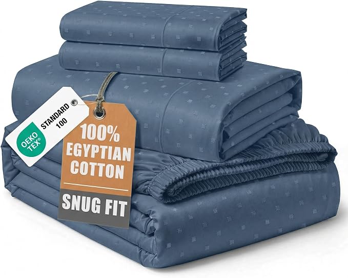 LANE LINEN Cooling Queen Sheet Set Egyptian Cotton Sateen - Estate Blue | Queen Mattress Sheets - 4-Piece Set, For A Luxurious Night's Sleep, For A Silky Hotel-Style Bed, OEKO-TEX Certified