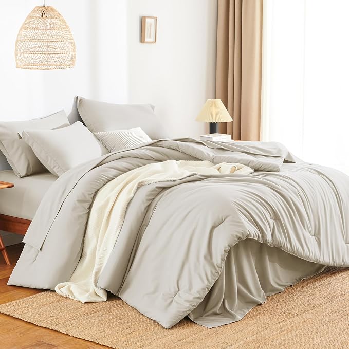HIMEET King Comforter Set, 7-Piece Point-Quilted Bed in a Bag, Beige | OEKO-TEX Certified, Lightweight 240 GSM Comforter, Flat Sheet, 14-Inch Deep-Pocket Fitted Sheet, Pillowcases & Shams