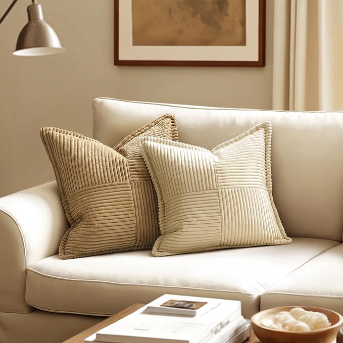 MIULEE Decorative Throw Pillow Covers for Couch 20x20 Inch Cream 2 Pack | Boho Broadside Striped Patchwork Pillow Covers, Soft Corduroy Cushion Cases, For Sofa Bed Livingroom Home Decor