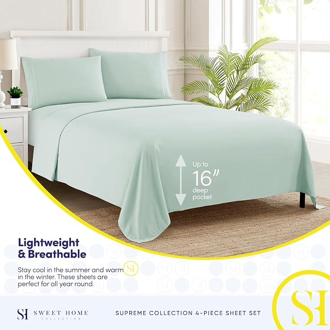 RV Queen Bed Sheets - Breathable Luxury Sheets with Full Elastic & Secure Corner Straps Built In - 1800 Supreme Collection Extra Soft Deep Pocket Bedding Set, Sheet Set, RV Short Queen, Mint