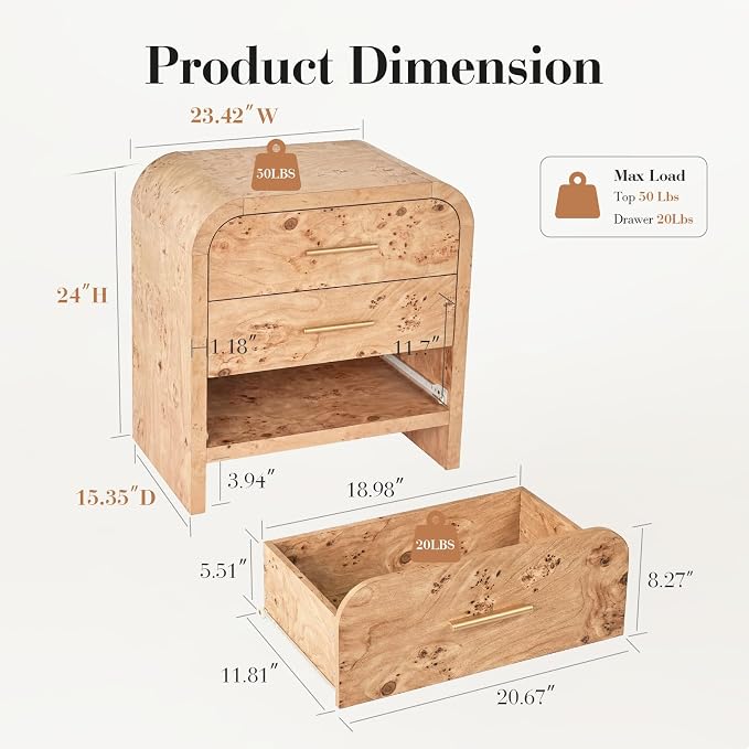 Night Stand Set of 2, 3-Drawer | [Curved Profile] [FSC-Certified Wooden Board] Nightstand 26.7"H Metal Handle Modern Bedside Table Side Table End Table