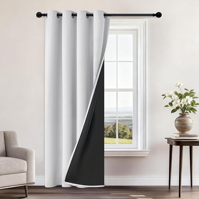 Yakamok Greyish White Blackout Curtains 96 Inches Long 52" Wide, 1 Panel | Blackout Curtain Panels for Bedroom, 2 Thick Layers Grommet Top Thermal Insulated Drapes with Black Liner for Living Room