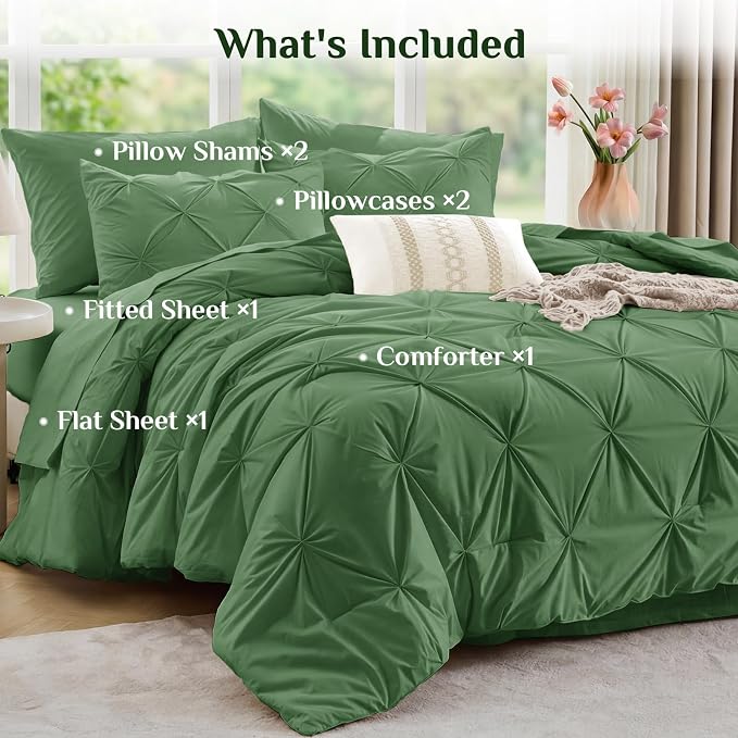 JOLLYVOGUE Full Size Comforter Sets 7 Pieces - Bed in a Bag Full for All Season, Pintuck Bedding Comforter Sets with Comforter, Flat Sheet, Fitted Sheet and Pillowcases & Shams, Green