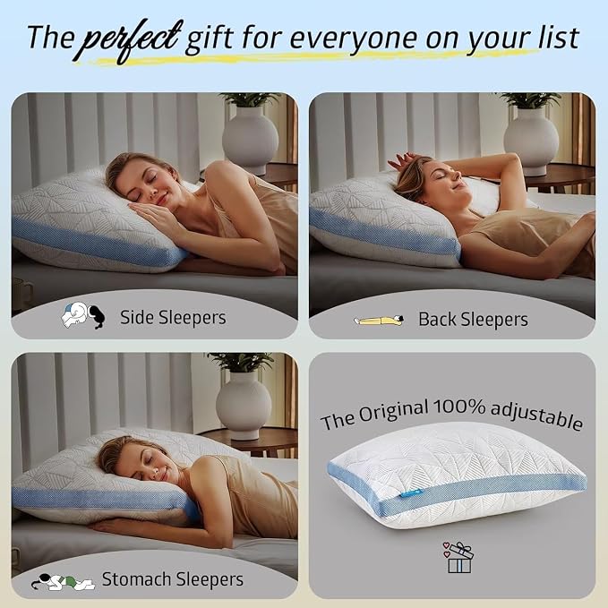 BETU Cooling King Size Pillows Set of 2, Shredded Memory Foam Cool Pillows for Hot Sleepers, Adjustable Firm Soft Support Bed Pillows Perfect for Back Neck Pain and Side Sleeping with Cover, Blue