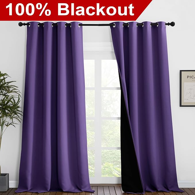 NICETOWN 100% Blackout Blinds, Set of 2, 52 inches x 120 inches, Laundry Room Decor Window Treatment Curtains for Large Patio Sliding Door, Thermal Insulated Lilac Purple Curtains for Bedroom