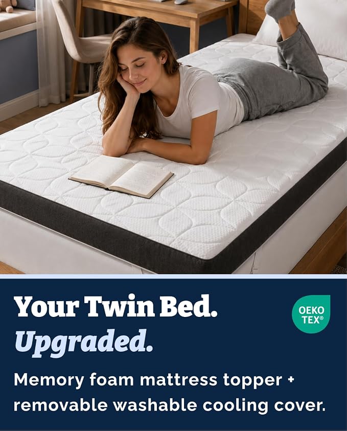 Mattress Topper - 3 Inch Memory Foam Mattress Topper with Cover - Twin | Cooling Cover for Hot Sleepers, Plush, Thick & Comfy, Pain & Pressure Relief, Mattress Pad with Straps & Washable Cover