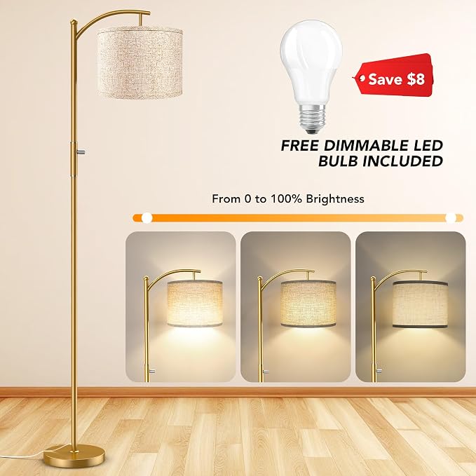 Dimmable Floor Lamp, Arc Floor Lamps for Living Room, Stepless Dimming Modern Standing Lamp with Linen Shade, Tall Lamp for Bedroom Office Dining Room- Gold