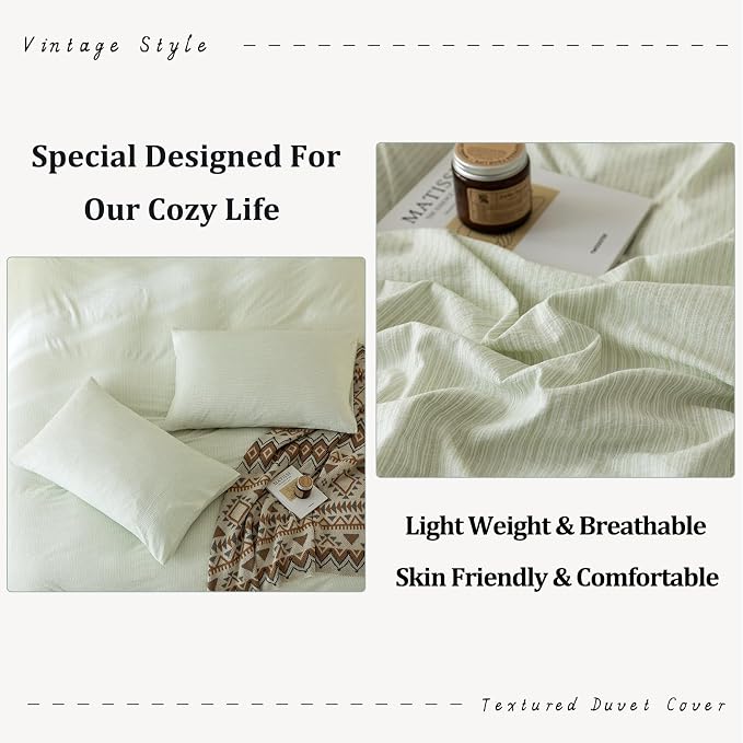 BDEAR 3Pcs Light Green Pinstriped Duvet Cover Set King Size 104''Wx90''L | Light Weight Design, 1 Duvet Cover with 2 Pillowcases, Zipper Closure, OEKO TEX Standard,8 Corner Ties, Skin Friendly