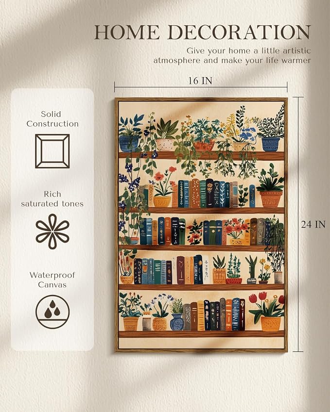 WHASAYART Vintage Botanical Book Shelf Framed Canvas Wall Art, 16x24 inch | Colorful Plants Books Painting, Retro Library Reading Gift, Modern Home Décor for Living Room Study Office