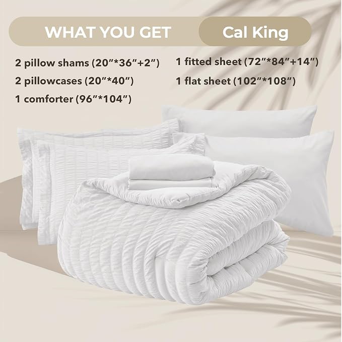 HYMOKEGE White California King Comforter Set Seersucker 7 Pieces, All Season Luxury Bed in a Bag for Bedroom, Bedding Set with Comforters, Sheets, Pillowcases & Shams