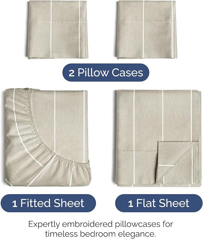 Queen Size 4 Piece Sheet Set - Soft & Cooling Bed Sheets - Beige Stripes 4 | Fits 8 Inch to 16 inch Mattress, Wrinkle Free & Fade Resistant with Deep Pockets, Breathable, Comfy Hotel Luxury Bedding