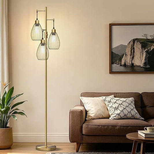 Dimmable Floor Lamp, 3 x 800LM LED Edison Bulbs Included, Farmhouse Industrial Floor Lamp Standing Tree Lamp with Elegant Teardrop Cage Tall Lamps for Living Room Bedroom Office Dining Room-Brass