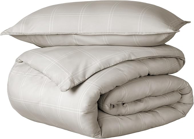 Bare Home Duvet Cover Set (Twin/Twin XL, Modern Plaid - Stone/White) | 1800 Ultra-Soft, Lightweight, Cooling, Breathable, Premium, All-Season