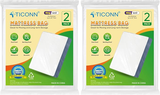 TICONN 2PK Plastic Mattress Bag for Moving Storage, Waterproof Mattress Protector Cover, Heavy-Duty Mattress Moving Supplies (4 mil, King) (Pack of 2)