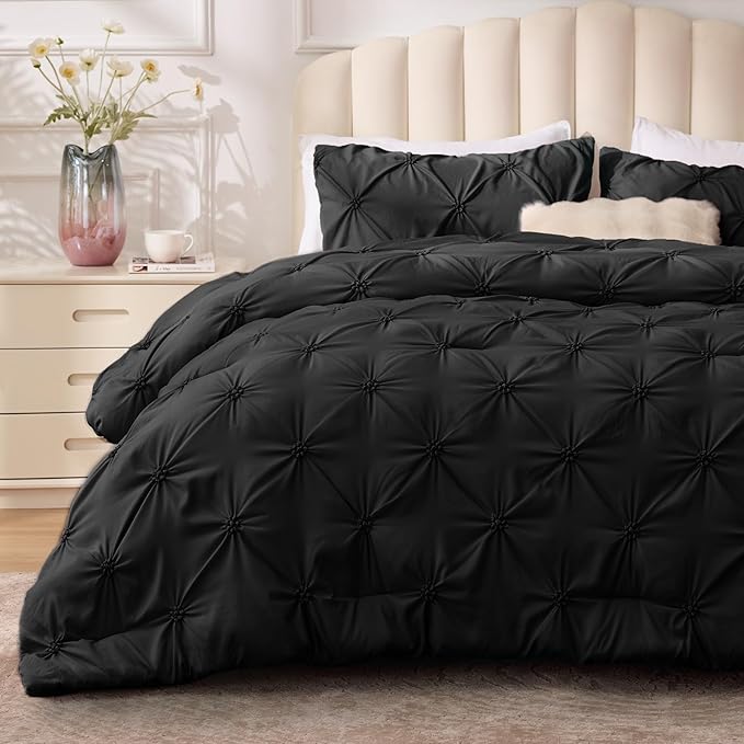 BEDELITE King Comforter Set Black,Lightweight & Soft Comforter | Pintuck Boho Bedding, Warm & Cute Bed Set for All Season,With 2 Pillowcases