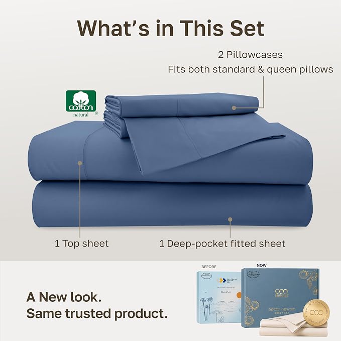 California Design Den 100% Cotton Sateen Full Bed Sheets Set, 4 Pcs | Soft 500 Thread Count Backed by Good Housekeeping Seal, 16" Deep Pocket, All-Around Elastic, Durable, Easy Care - Denim Blue
