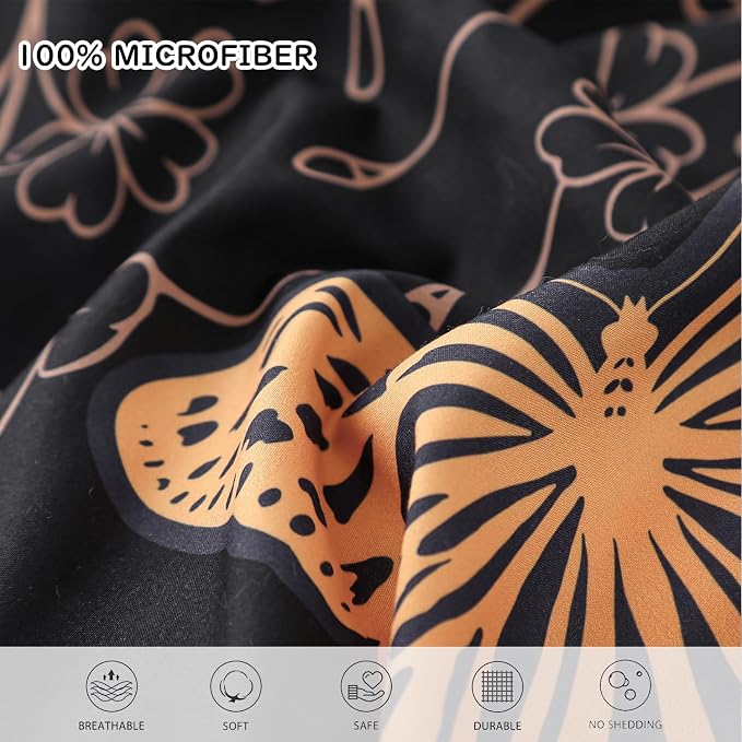 Yogeneg 7 Piece Bed in a Bag Queen Size Comforter Set Black Bedding Set,Gold Butterfly Leaves Printed on Black Reversible Design,Soft Microfiber Comforter with Sheet Set,All Season(Butterfly,Queen)