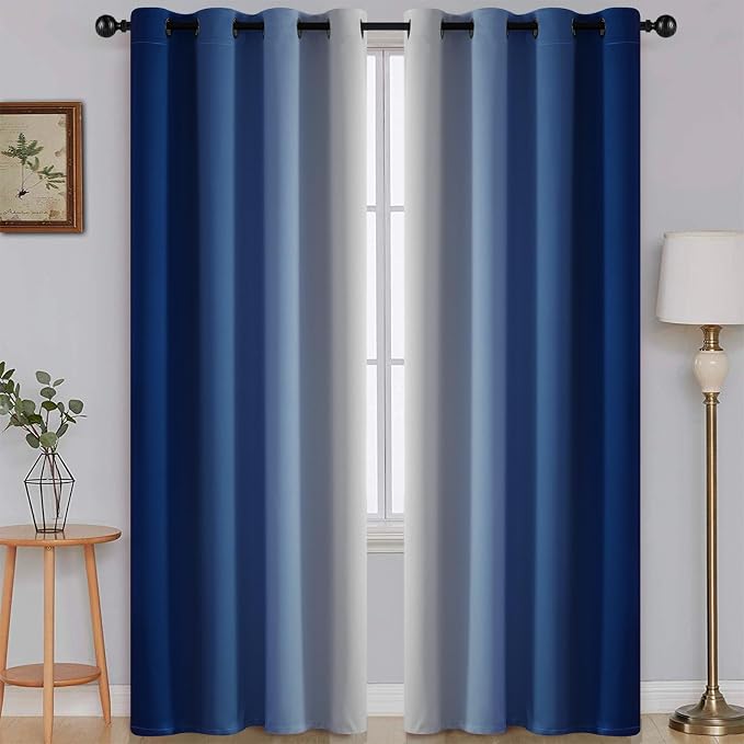 SimpleHome Ombre Royal Blue to Grey White Curtains for Living Room 52Wx84L | Room Darkening Curtains for Bedroom,Gradient Light Blocking Curtain,Thermal Insulated Grommet Window Drapes,2 Panels,84 Inch