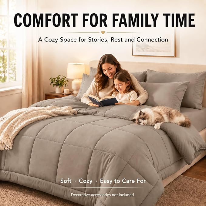 Queen Comforter Set Khaki - 7 Pieces Bed in a Bag | OEKO-TEX Certified, All-Season, Bedroom, Guest Room, Down-Alternative Comforter + Flat & Fitted Sheets + 4 Pillowcases