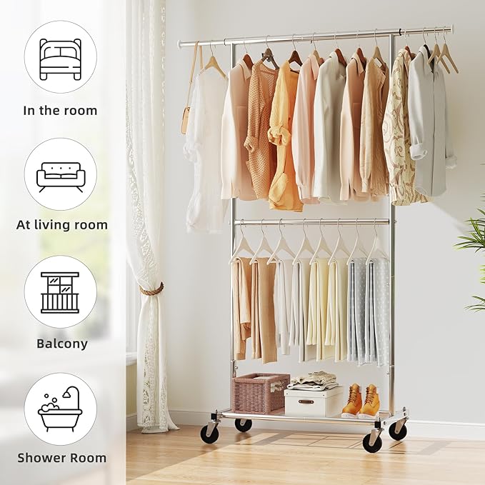 Simple Trending Clothing Garment Rack, Extendable Clothes Rack, Chrome | Double Rod Portable Closet, Mesh Storage Shelf, Waterproof and Rust-resistant, 360° Wheels, Bedroom, Laundry Room