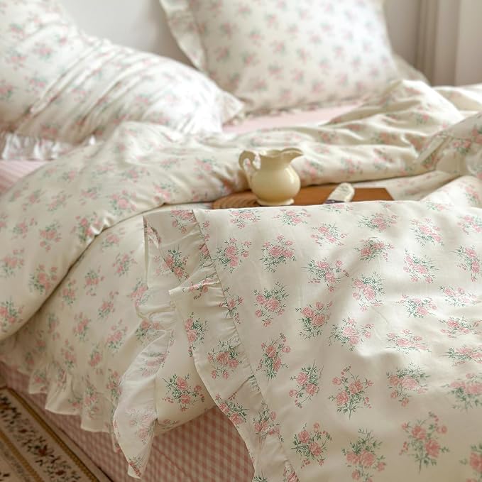 mixinni Pink Floral Duvet Cover Set Twin Size - 100% Cotton Ruffle Lace Bedding Set for Girls, Romantic Cottagecore Style Duvet Cover with Zipper Closure, Soft Aesthetic Princess Bedding-Twin