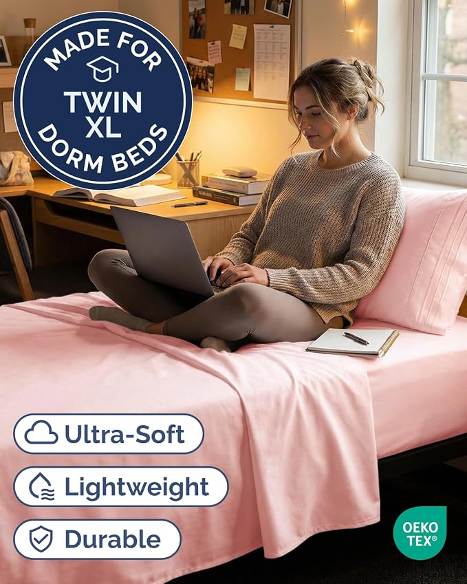 Twin XL 3 Piece Sheet Set - College Dorm Room Essentials - Baby Pink | Deep Pocket Bed Sheets for Women, Men, Teens & Students, Soft, Cooling, Breathable & Wrinkle Free, Oeko-Tex Bed Sheet Set