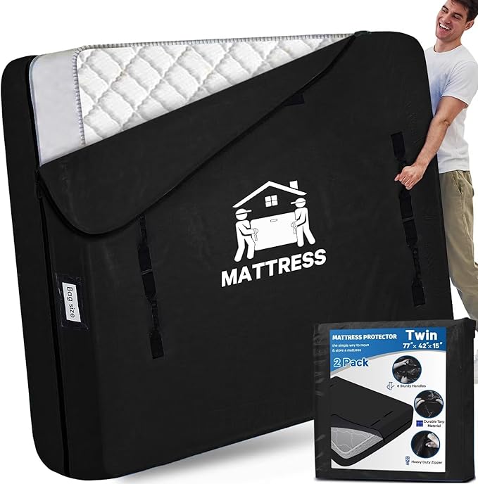 Mattress Bags for Moving, BETU Mattress Protector Waterproof Mattress Cover Storage Bags with 8 Heavy-Duty Handles and Zipper for Bed Extra Thick Large Reusable ,77"x42"x15",Black,2 Pack
