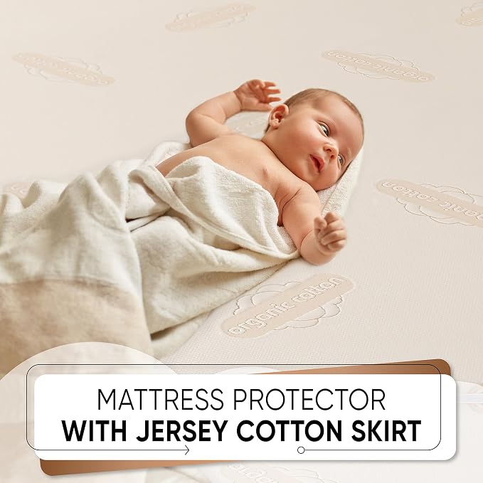 Crib Organic Mattress Protector Pad - Premium Organic Cotton Waterproof Breathable Mattress Pad Cover - 250 GSM Comfort - Deep Pocket - Fitted Comfort