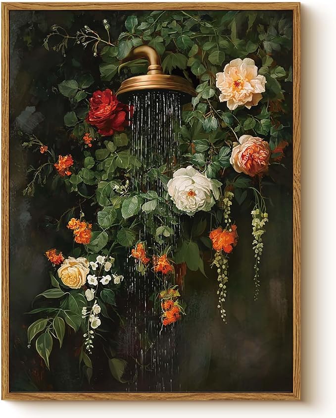 HUARCEY Vintage Floral Canvas Wall Art Framed 12"x16", Moody Botanical | Shower Wall Art,Rustic Flower Canvas Print, Antique Garden Bathroom Wall Decor for Bathroom Living Room Bedroom