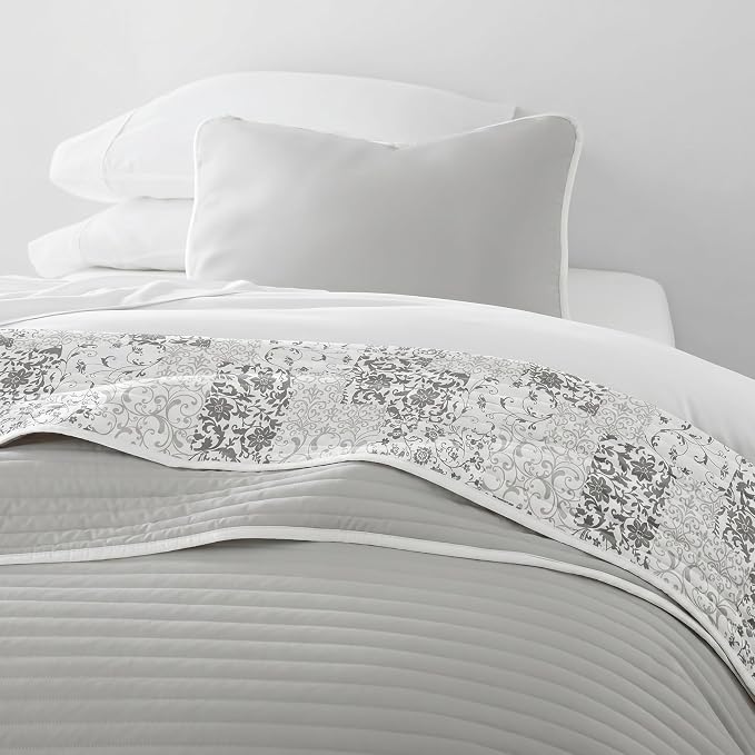 Merit Linens Soft Quilt Coverlet Bedding Set - Pattern/Solid Reversible - Twin/TwinXL Light Gray
