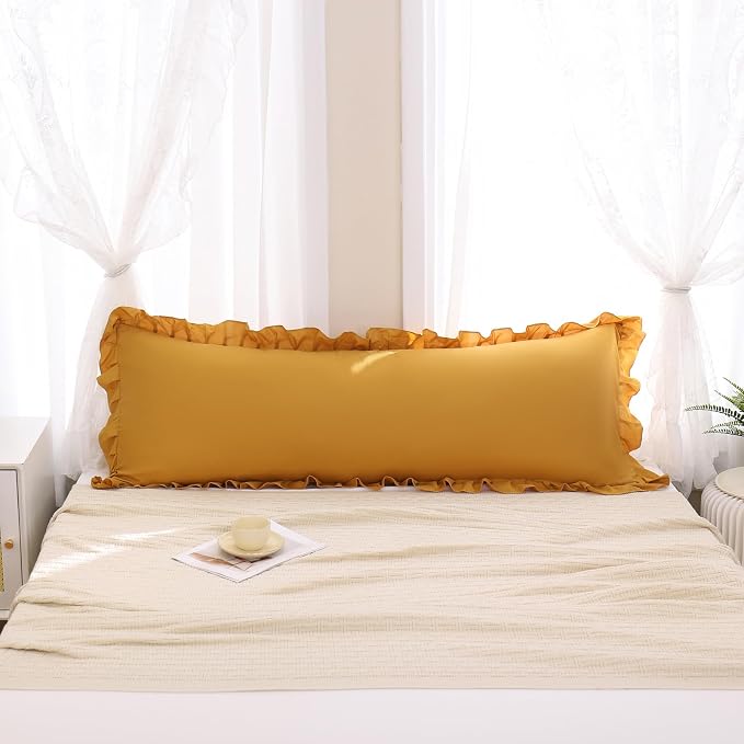 Merryword Mustard Yellow Body Pillow Cover 20x54inches Long Pillowcase Yellow Ruffled Chic Boho Pillowcases Ruffled Fringe Decor Body Ruffled Pillow Sham Cute Pillowcase (1 Body, Mustard Yellow)