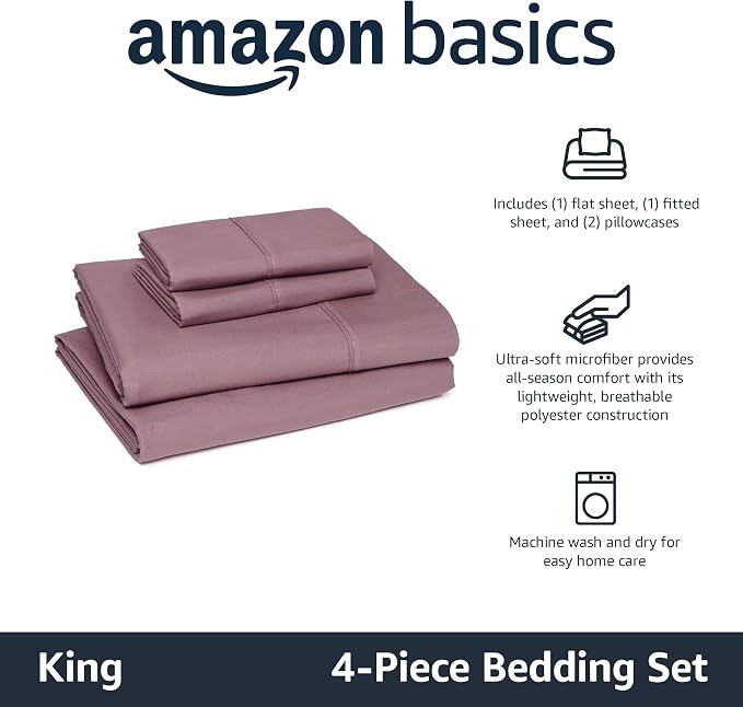 Amazon Basics Lightweight Polyester Microfiber 4-Piece Bed Sheet Set, Machine Washable, King, Rose, Solid