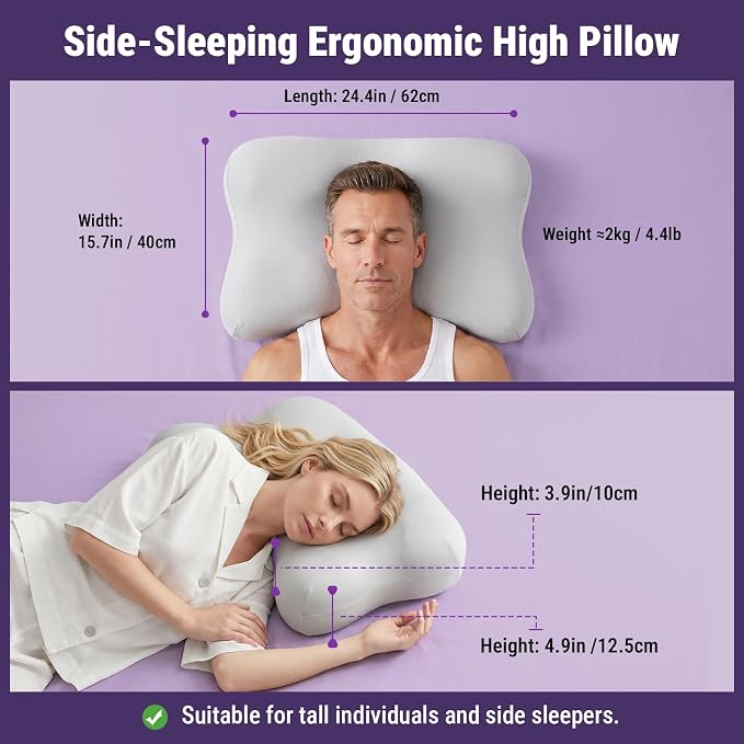 ZZ-WELL Neck Pillow for Sleeping - Side Sleeper Pillow with Cooling Pillowcase - High Density Memory Foam Pillows for Broad Shoulders Adults - Heavy & Thick Bed Pillows, Standard Size (Grey)