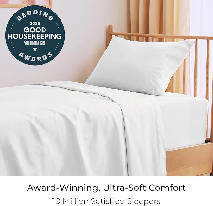 Mellanni Iconic 3-Piece, Ultra Soft Sheet Set (Twin XL, White) | 10M+ Sleepers. Lab-tested: Sleeps Cool, Stays Bright, Strong, Smooth. Good Housekeeping Best Bedding, 7 yrs running.