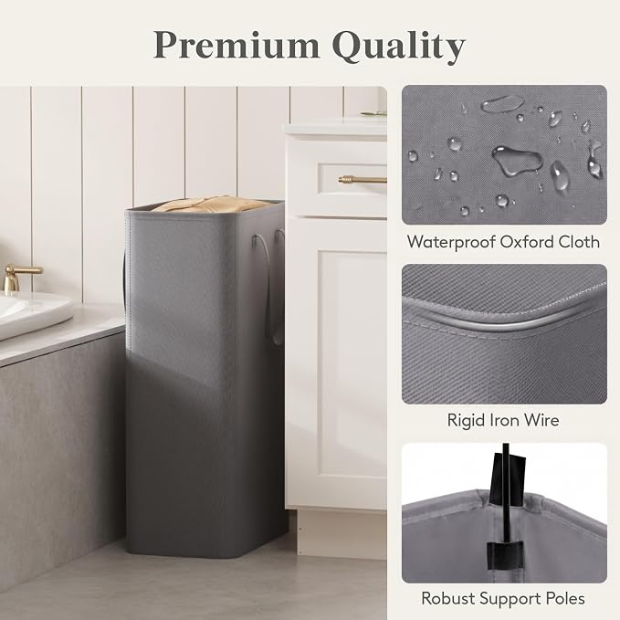 Lifewit Slim Collapsible Laundry Basket with Handles, 75L, Grey | Narrow Laundry Hamper for Dirty Clothes, Tall Thin Laundry Bin, Small Clothes Hamper for Bathroom, Bedroom, RV, Dorm