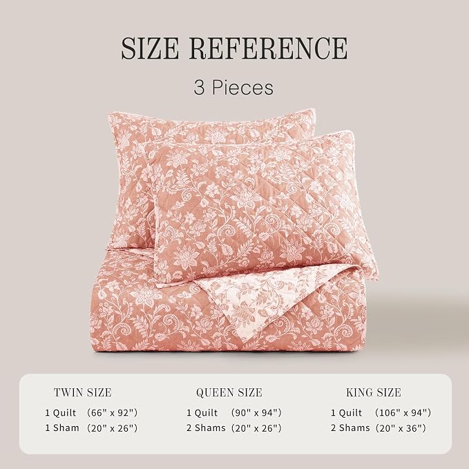 BLOOMHAVEN King Quilt Set-3 Pieces Soft Bedding Floral Reversible Coverlet | All Seasons Lightweight Quilts Queen Size for Bed, Breathable Vintage Bedspread with Shams, Clay Pink