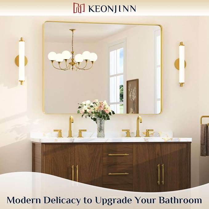 Keonjinn 48 x 36 Inch Brushed Gold Bathroom Vanity Mirror, Tempered Glass | Brass Bathroom Mirrors for over Sink, Anti-Rust Aluminum Frame, Rounded Rectangle, French Cleat Mount, Clear Reflection