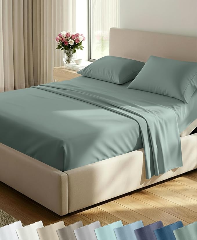 California Design Den Soft 100% Cotton Sateen Split King Sheet Set, 5 Pcs | 400 Thread Count with Good Housekeeping Seal, Split King Sheets Sets for Adj. Bed with 2 Sep. Twin-XL Mattresses -Sage Green
