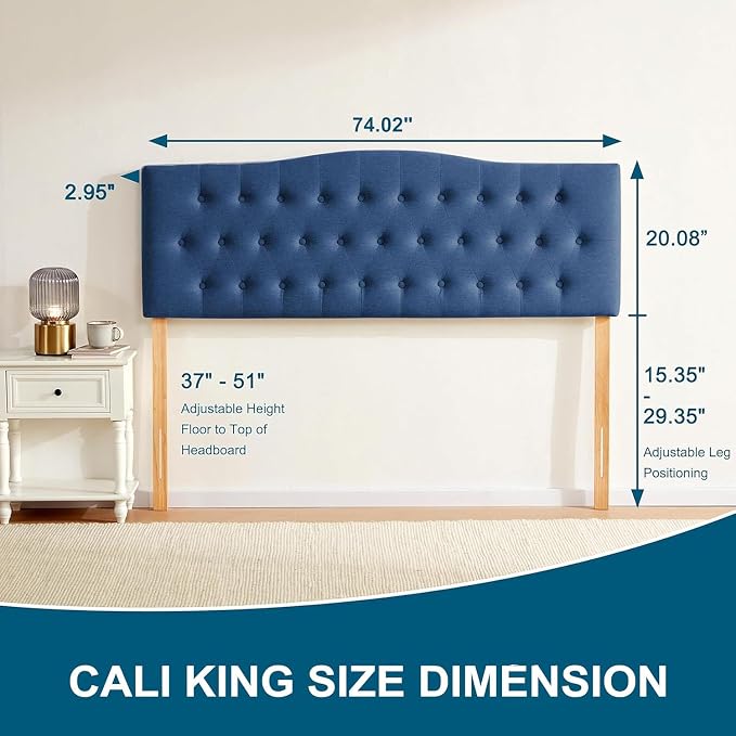 Tufted Headboard California King Size, Sturdy Solid Wood Head Board, Blue | Upholstered California King Headboard with Solid Wood Legs, Adjustable Height 37-51 in, Fabric Button Diamond HeadBoards