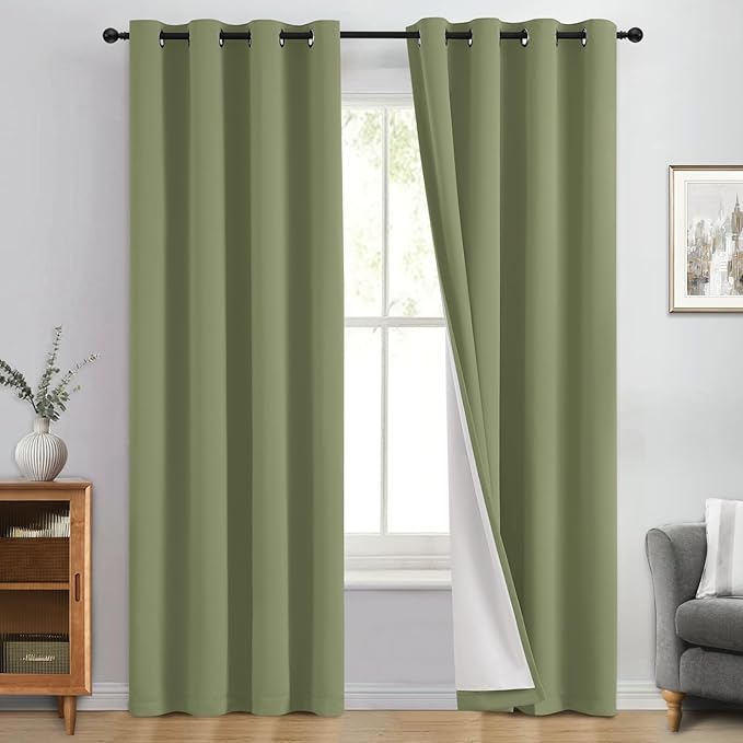 Yakamok Sage Blackout Curtains 96 Inches Long for Bedroom 50" Wide 2 Panel | Blackout Curtain Panels for Bedroom, 2 Thick Layers Grommet Top Thermal Insulated Drapes with White Back for Living Room