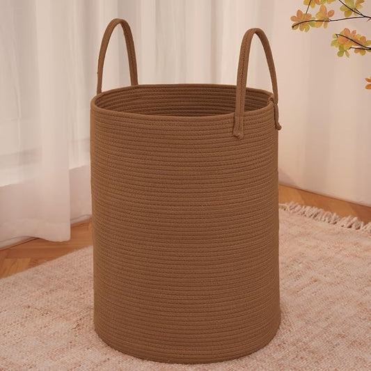 JMvicyroam 60L Cotton Rope Laundry Basket Hamper, Golden Jute | Collapsible Laundry Basket, Reinforced Handles, Freestanding, Machine Washable, Holds 3-5 Thick Blankets, Clothes or Toys