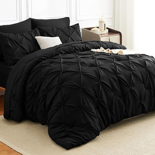 HIMEET King Size Comforter Set Black - 7 Pieces Pintuck Bed in a Bag | OEKO-TEX Certified, 240GSM Down Alternative Comforter, 14" Deep Pocket Fitted Sheet + Flat Sheet + 2 Pillowcases + 2 Shams