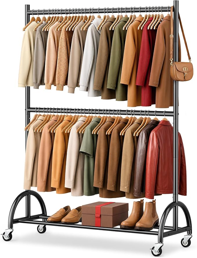 MISSLO Heavy Duty Clothing Racks for Hanging Clothes Double Rod Rolling Closet Rack with Wheels for Coats, Garment Storage, Black